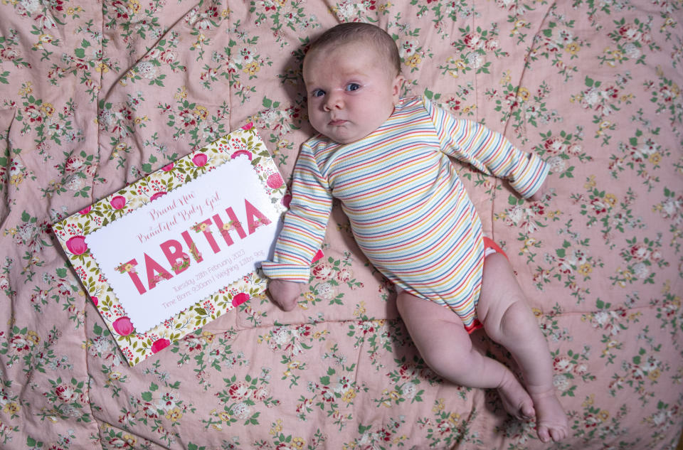 Tabitha was born at home on 28th February, weighing 12lbs 9oz. (SWNS)