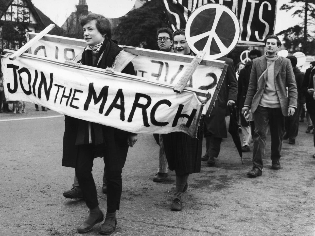 CND demonstrators leaving Maidenhead on their march from London to Aldermaston Atomic Weapons Research Establishment in Berkshire, 1958: Getty