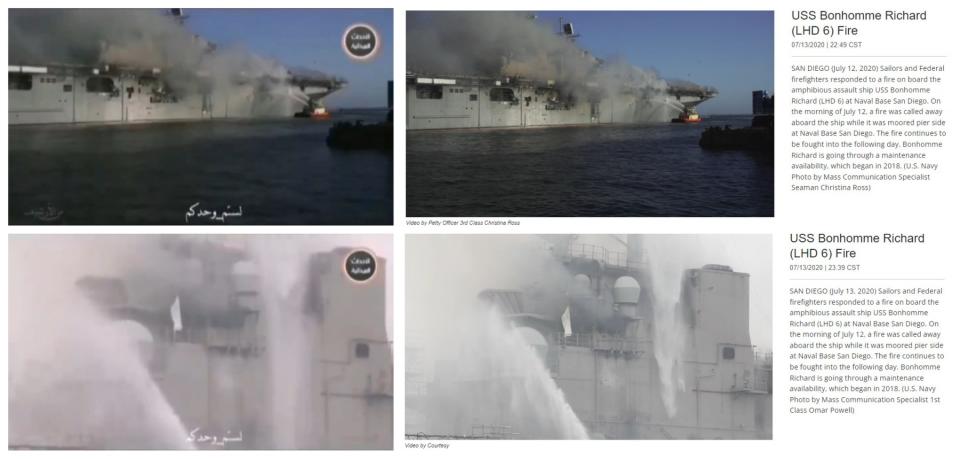 <span>Screenshot comparisons between the falsely shared video (left) and the clips published by the US military (right)</span>