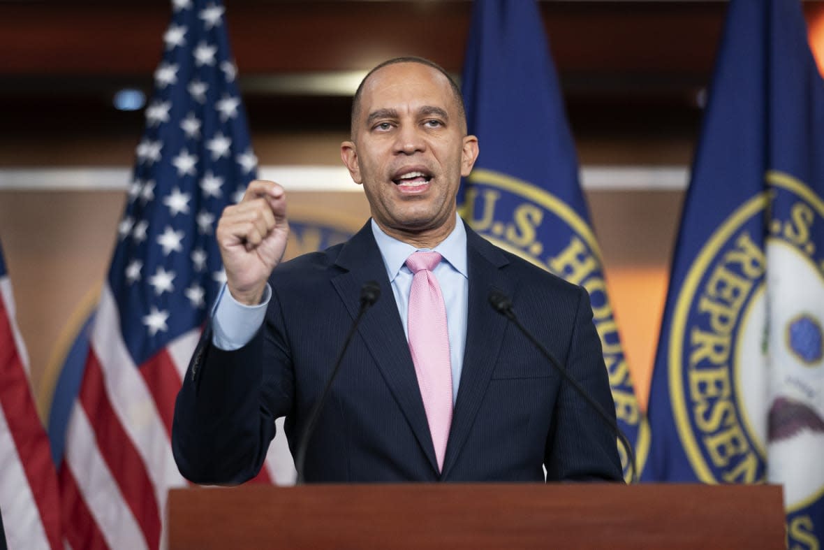 House Minority Leader Hakeem Jeffries, seen addressing a January news conference in Washington, said over the weekend that calls for violence in response to the former president’s indictment amount to “an abandonment of democracy.” (Photo by Nathan Howard/Getty Images)