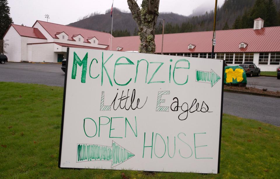 A sign welcomes visitors to an open house for McKenzie Little Eagles Childcare Center in Blue River.