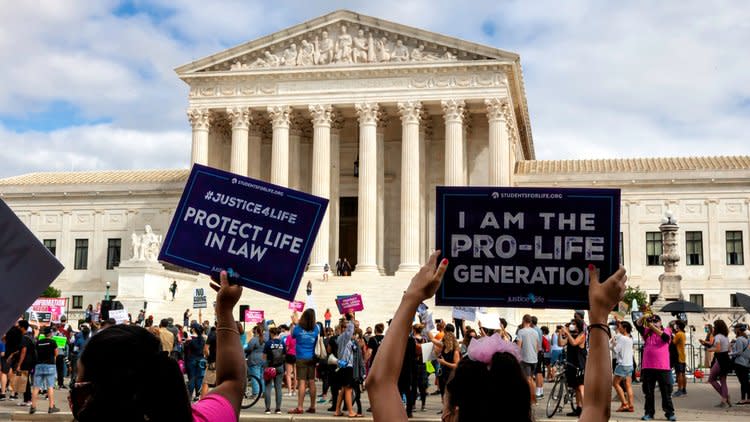 Anti-abortion activists at a protest in front of the Supreme Court