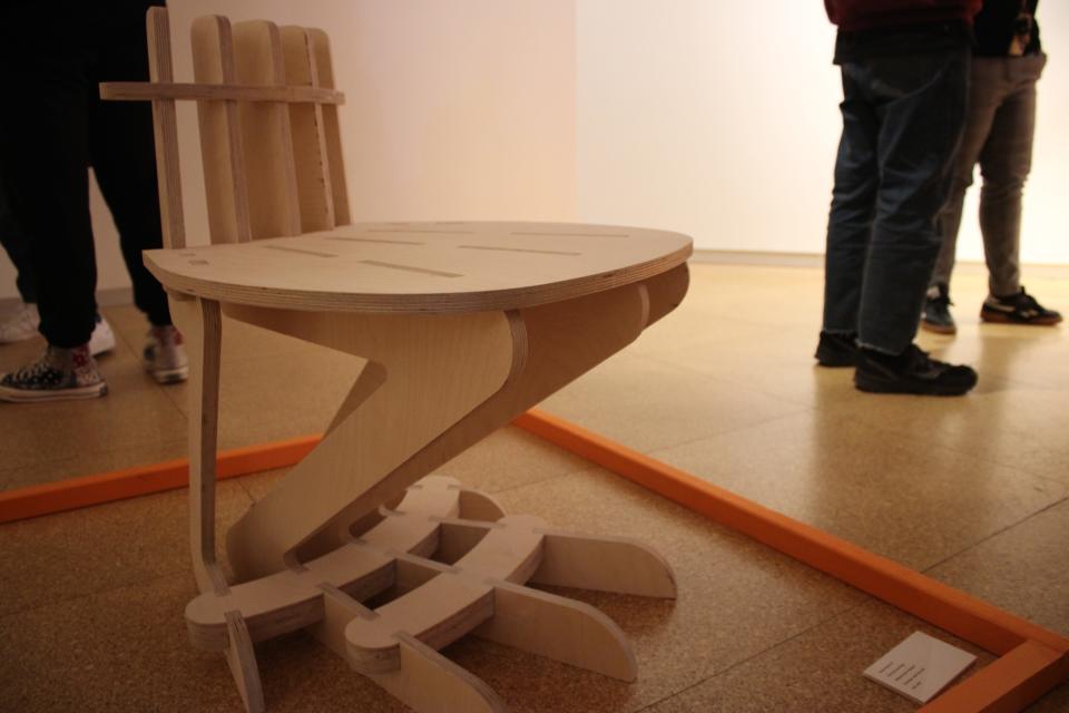 A chair inspired by a frog created by University of Iowa undergraduate student Rocky Yin, on display at the Drewelowe Gallery in the Visual Arts Building at 107 River St.