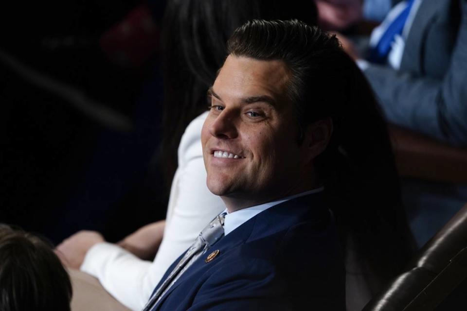 Rep. Matt Gaetz, R-Fla., is seen on the House floor as lawmakers hold a second vote to elect a new speaker in Washington. (Jack Gruber-USA TODAY)