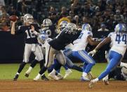 Aug 10, 2018; Oakland, CA, USA; Oakland Raiders quarterback Connor Cook (18) passes the ball against the Detroit Lions during the second quarter at Oakland Coliseum. Mandatory Credit: Kelley L Cox-USA TODAY Sports