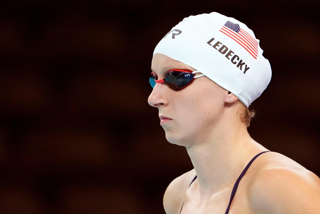 USA swimmer Katie Ledecky during swim practice at the 2024 Paris Olympic Summer Games.