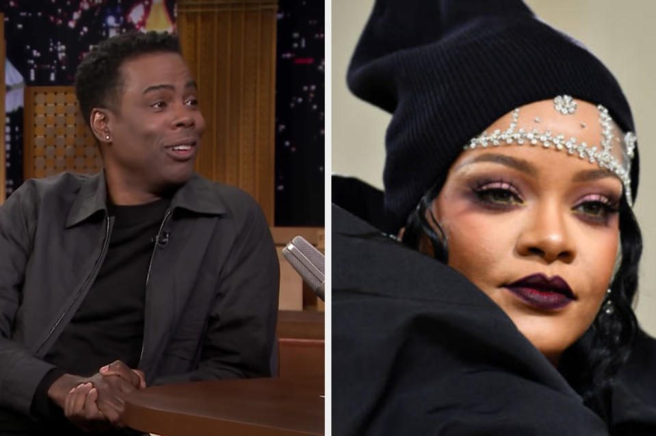 Left: Chris Rock talks about approaching Rihanna while on "The Tonight Show," right: Rihanna at the 2021 Met Gala