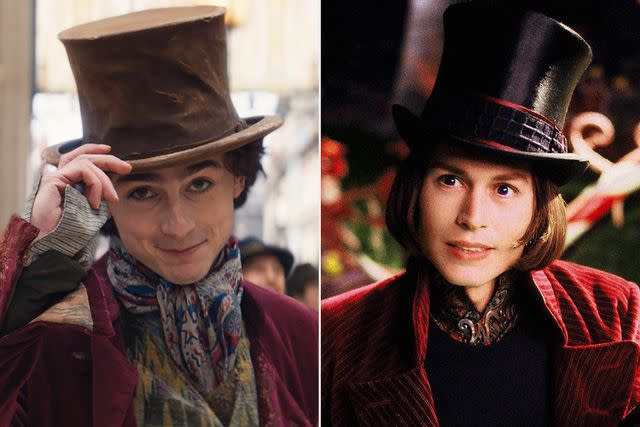 <p>Warner Bros. Pictures (2)</p> Timothee Chalamet in "Wonka" (2023); Johnny Depp in "Charlie and the Chocolate Factory" (2005)