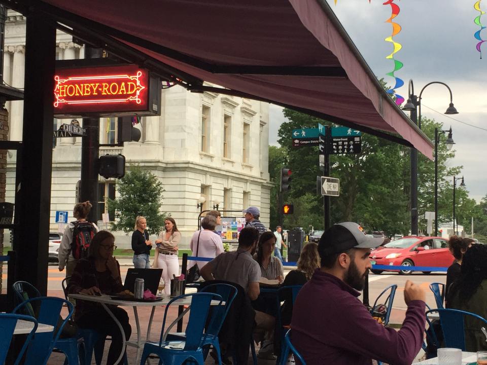 The patio outside Honey Road restaurant on the Church Street Marketplace in Burlington, shown July 29, 2021.