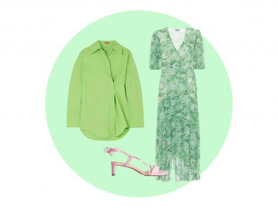 Florina asymmetric cotton-poplin shirt (Net-A-Porter, £230), pink strappy sandal (& Other Stories, £50), Ganni printed mesh wrap dress (Mytheresa, £178)