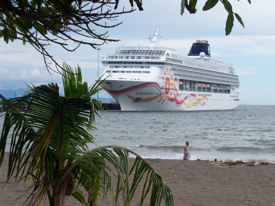 In this Oct. 19, 2014 photo, the cruise ship Norwegian Sun is docked for a shore day in Puntarenas, Costa Rica.
