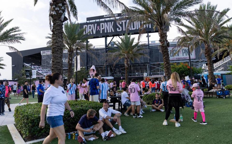 Fans gather before the start of a Leagues Cup group stage match between Inter Miami and Cruz Azul at DRV PNK Stadium on Friday, July 21, 2023, in Fort Lauderdale, Fla.