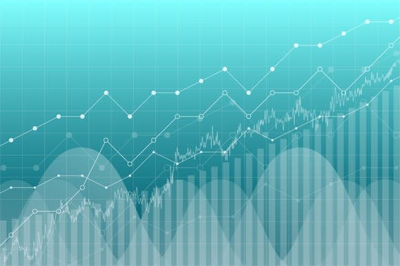 Financial data graph illustration; various rising trend lines.