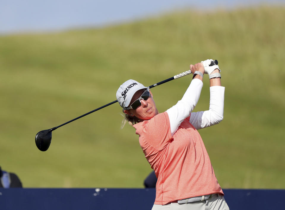South Africa's Ashleigh Buhai plays her tee shot from the 14th during the second round of the Women's British Open golf championship, in Muirfield, Scotland Friday, Aug. 5, 2022. (AP Photo/Scott Heppell)