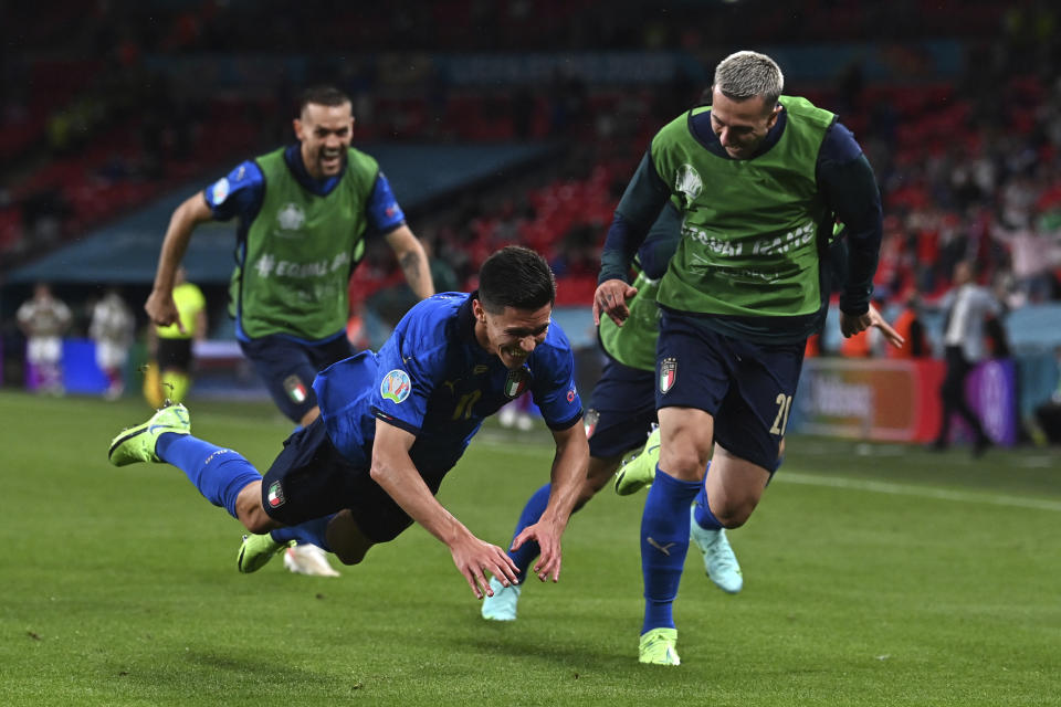 Italy's Matteo Pessina, center, celebrates after scoring his side's second goal during the Euro 2020 soccer championship round of 16 match between Italy and Austria at Wembley stadium in London in London, Saturday, June 26, 2021. (Ben Stansall/Pool Photo via AP)