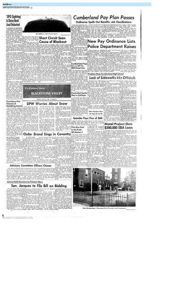 The Providence Journal's follow-up story the morning after the Evening Bulletin's initial report in July 1967 on Harold A. Trudel's claim of seeing a UFO over the hills of East Woonsocket.