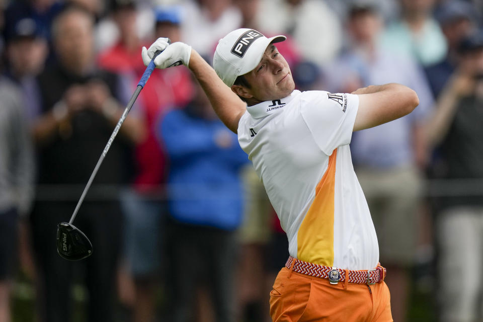 Viktor Hovland, of Norway, watches his tee shot on the 14th hole during the second round of the PGA Championship golf tournament at Oak Hill Country Club on Friday, May 19, 2023, in Pittsford, N.Y. (AP Photo/Seth Wenig)