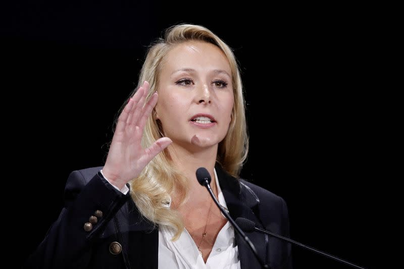 FILE PHOTO: Marion Marechal, former far-right lawmaker delivers a speech during the Convention de la Droite meeting in Paris