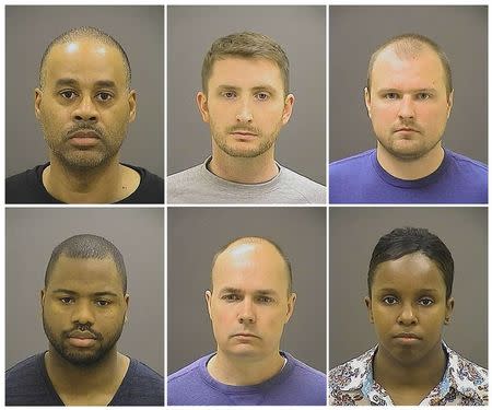 Officer Caesar R. Goodson Jr., Officer Edward M. Nero, Officer Garrett E Miller (top L-R), Officer William G. Porter, Lt. Brian W. Rice, Sgt. Alicia D. White (bottom L-R), are pictured in these undated booking photos provided by the Baltimore Police Department. REUTERS/Baltimore Police Department