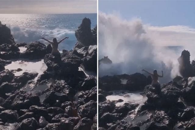 Take my picture! Woman knocked over by a large wave in Hawaii