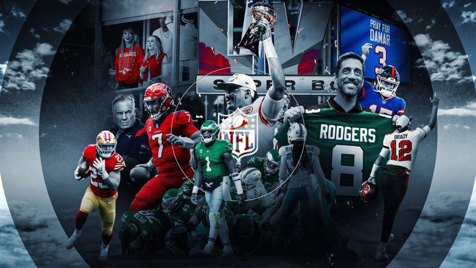 Super Bowl LVII, the Aaron Rodgers saga and Damar Hamlin's recovery provided some of the defining moments of 2023. (Henry Russell/Yahoo Sports)