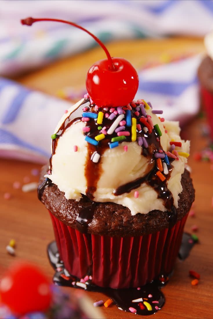 <p>Your inner child called and specifically asked for you to make these immediately. </p><p>Get the <a href="https://www.delish.com/uk/cooking/recipes/a31993187/ice-cream-sundae-cupcakes-recipe/" rel="nofollow noopener" target="_blank" data-ylk="slk:Ice Cream Sundae Cupcakes;elm:context_link;itc:0;sec:content-canvas" class="link ">Ice Cream Sundae Cupcakes</a> recipe.</p>