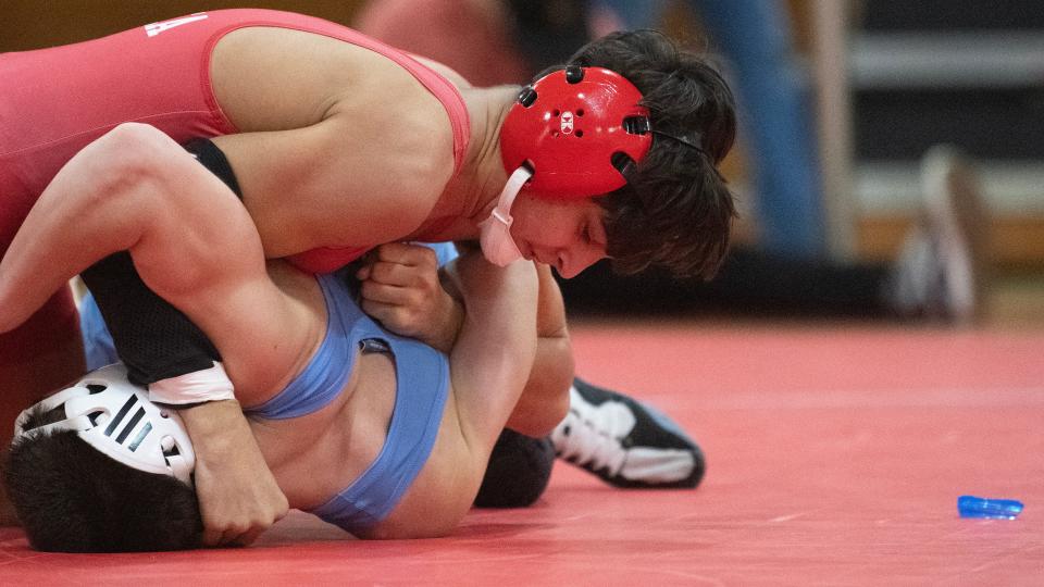 Delsea's Greyson Pettit controls Wayne Valley's Alex Holdfeld during the 106 lb. bout of the state Group 3 wrestling semifinal held at Delsea Regional High School on Friday, February 9, 2024. Pettit defeated Holdfeld by pin.
