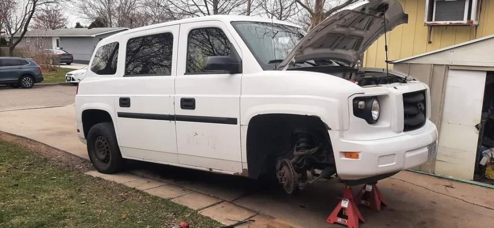 The Marchant family's MV-1 wheelchair-accessible vehicle during repairs.