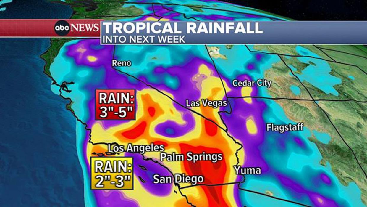 PHOTO: A weather map shows rainfall expected after Hurricane Hilary becomes a Tropical storm for the south-west coast of the U.S., Aug. 18, 2023. (ABC News)