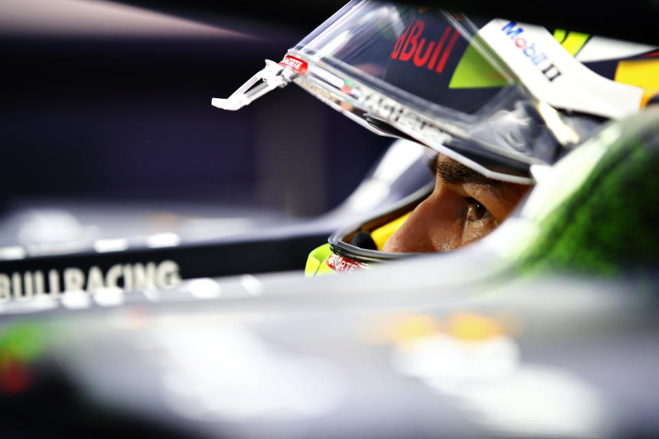 BAHRAIN, BAHRAIN - MARCH 26: Sergio Perez of Mexico and Red Bull Racing prepares to drive during practice ahead of the F1 Grand Prix of Bahrain at Bahrain International Circuit on March 26, 2021 in Bahrain, Bahrain. (Photo by Mark Thompson/Getty Images)