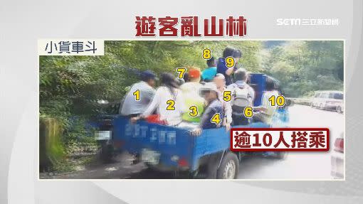 小貨車車斗上載了數十位乘客，場面相當驚險。