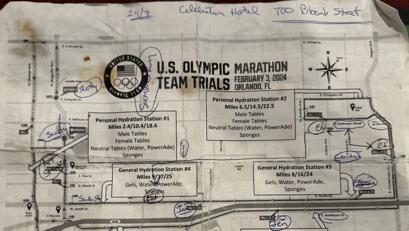 Here is the map (with his notes) that BYU track coach Ed Eyestone used to navigate the course of the Olympic Marathon Trials in Orlando, Fla., Saturday, Feb. 3, 2024. Using a rented bike, Eyestone hit various stops along the 26.2-mile course to see how his runners, Conner Mantz and Clayton Young, were faring.