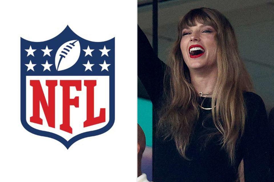 <p>NFL; Elsa/Getty Images</p> NFL Logo, Taylor Swift