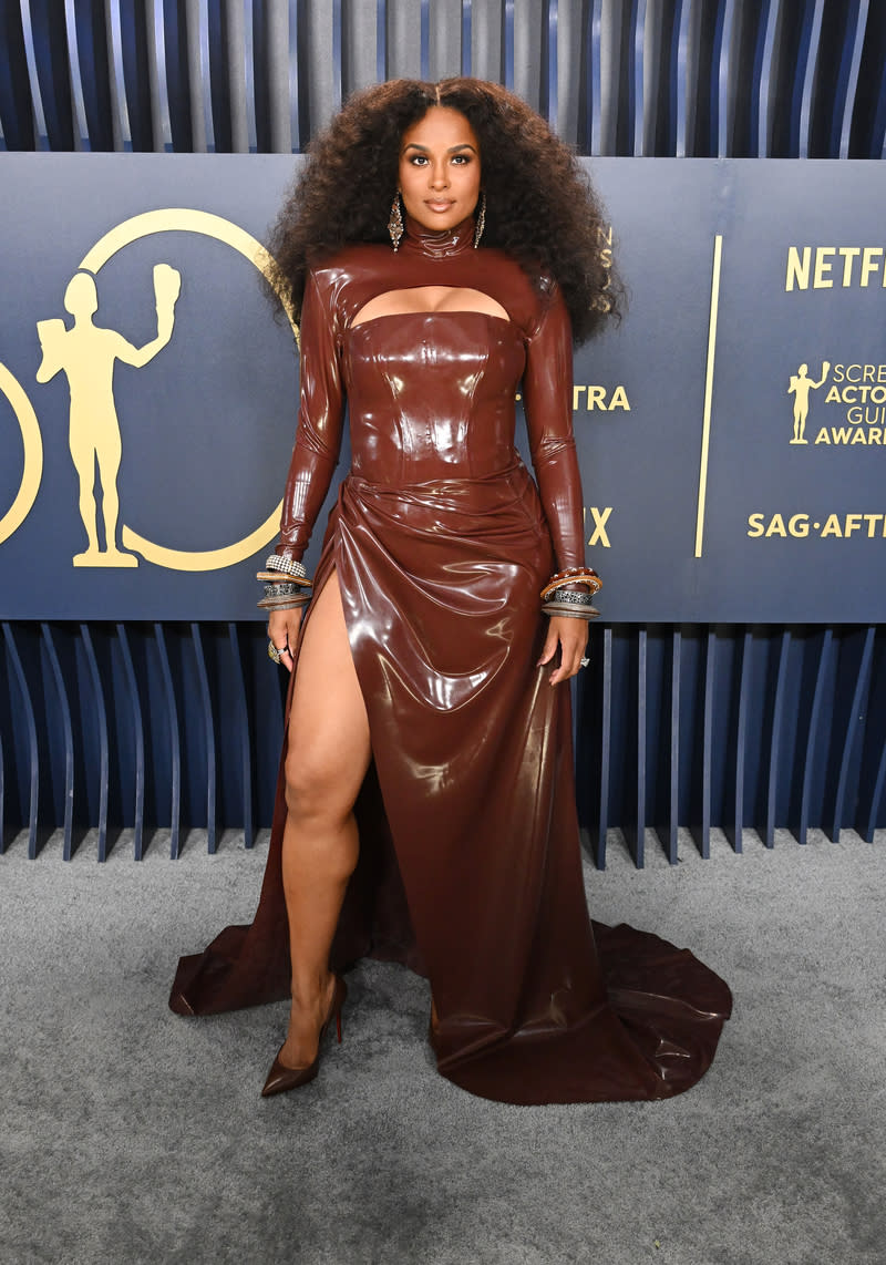 Ciara chocolate brown latex dress, venus prototypex dress, at the 30th Annual Screen Actors Guild Awards held at the Shrine Auditorium and Expo Hall on February 24, 2024 in Los Angeles, California.