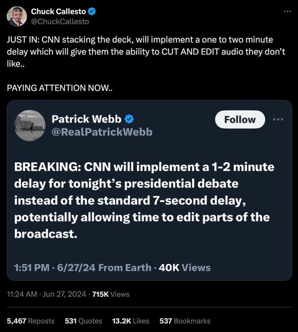 A user on X claimed the first 2024 US presidential debate on CNN featured a 1 to 2 minute delay during the live broadcast.