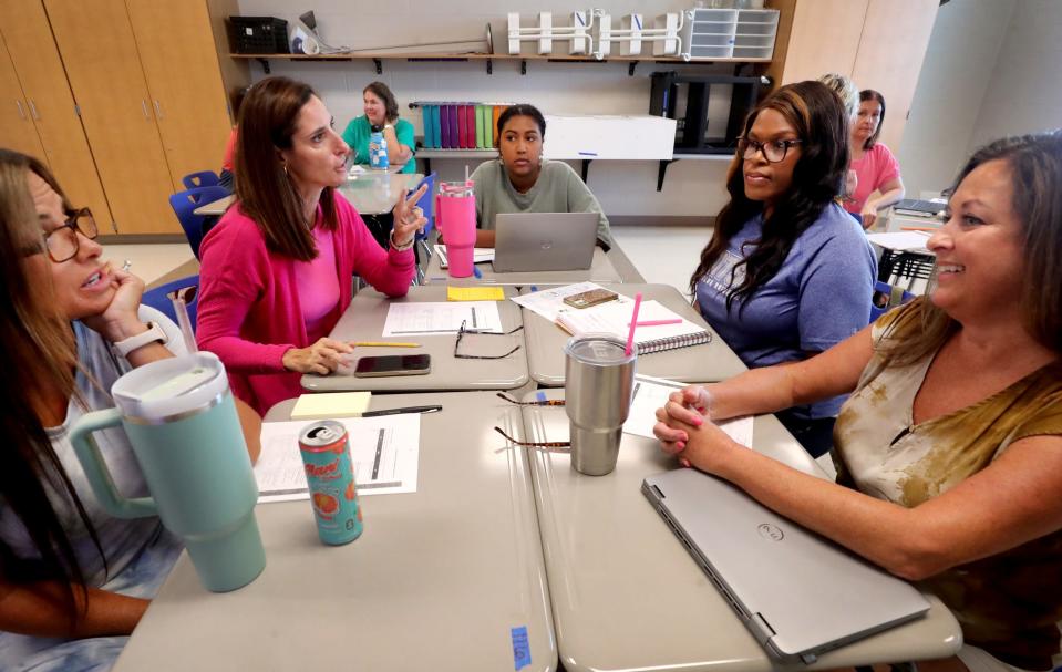 Barfield Elementary second grade teachers left to right Jamie Rosas, Julie Clark, Erickelle Tingue-Martin, Shetika Oglesby Phelps and Tracy Meyer all talk about what they have learned so far during a session at a summer teacher summit for Rutherford County Elementary school teachers at Rockvale High School, on Tuesday, July 11, 2023.