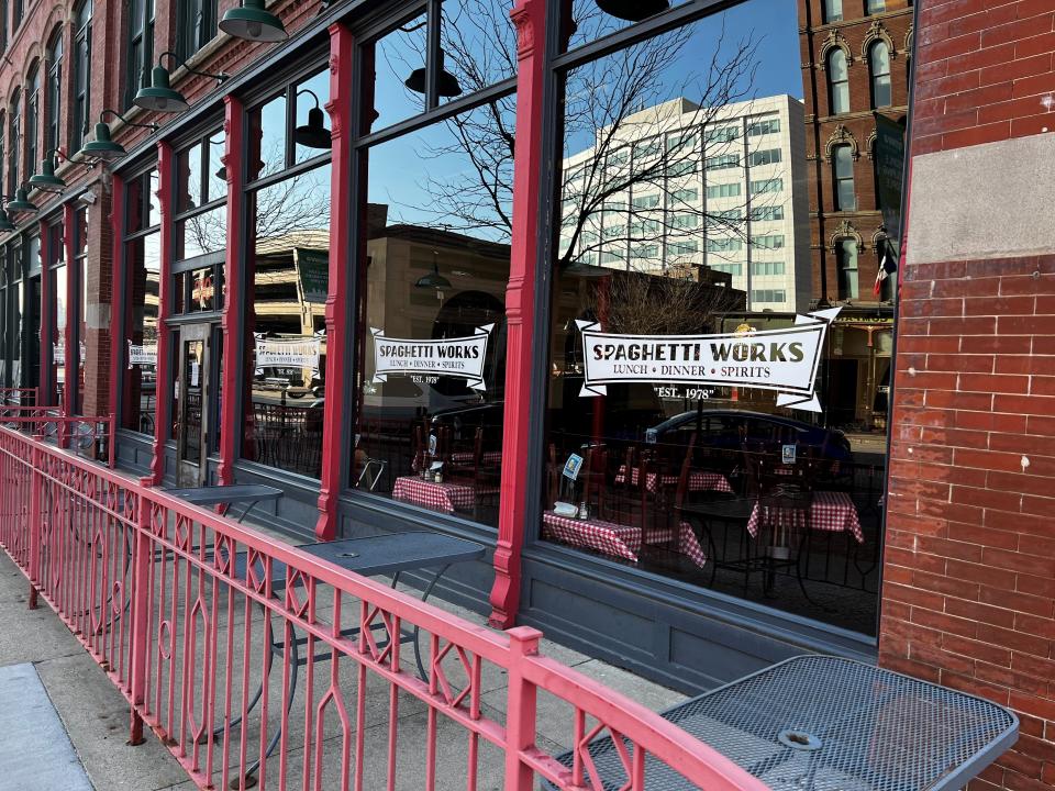 The exterior of The Old Spaghetti Works at 310 Court Ave. in Des Moines. The restaurant in the Historic Court Avenue district closed permanently on March 27, 2023.