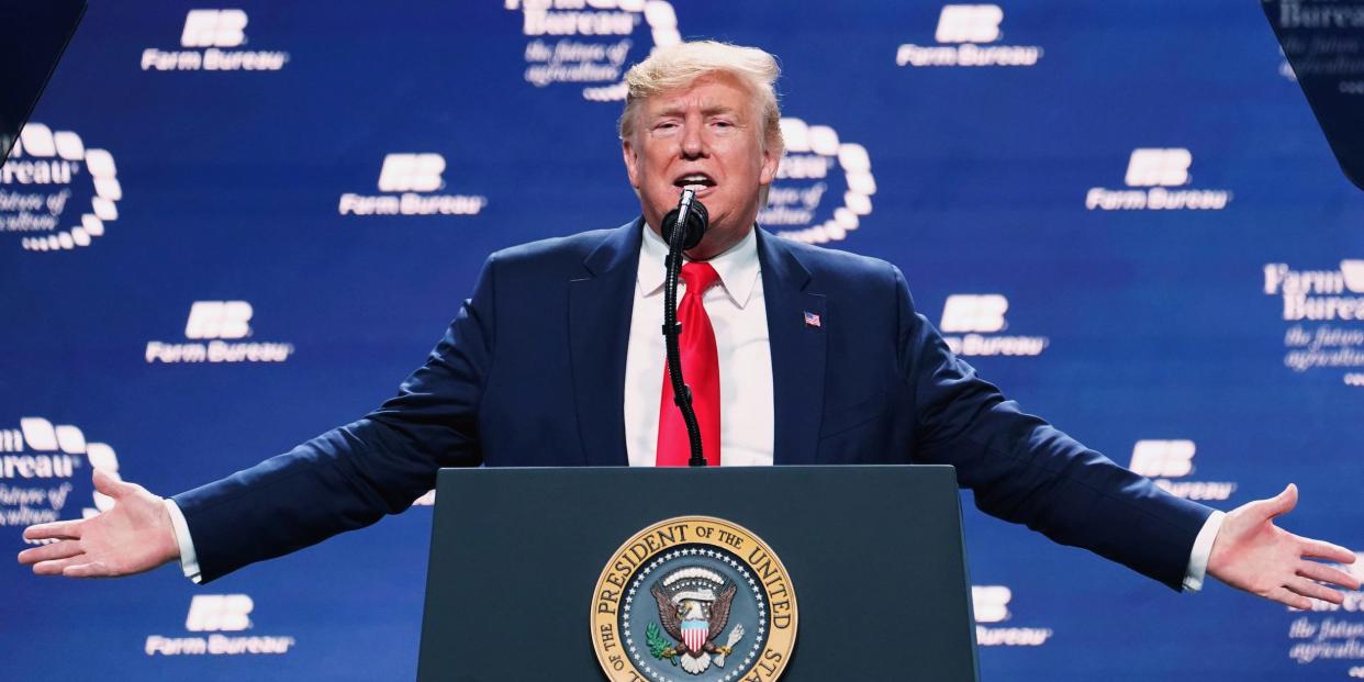 President Donald Trump gestures as he gives a speech at the American Farm Bureau Federation's Annual Convention and Trade Show in Austin, Texas, January 19, 2020.JPG