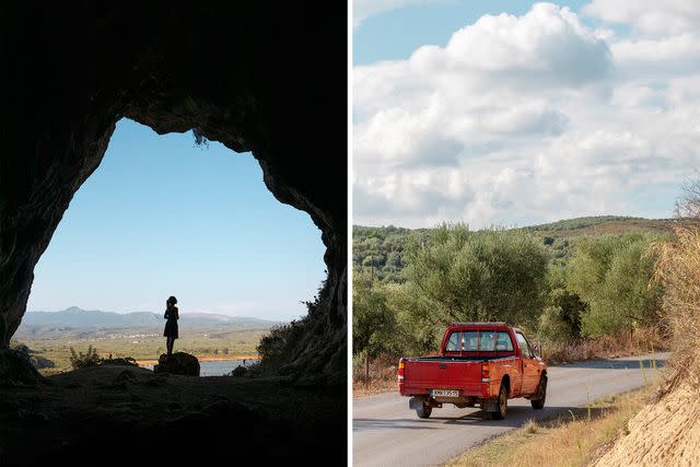 <p>Margarita Nikitaki</p> From left: The mouth of Nestor's Cave, above Voidokilia Beach; on the road from Koroni to Pylos.