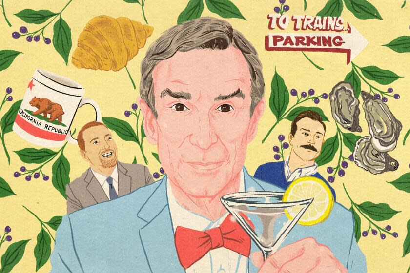 Drawing of Bill Nye with a lemon martini, a CA flag mug, a croissant, parking sign, oysters, Ted Lasso and Chuck Todd