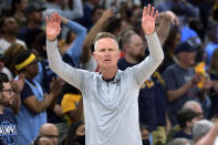 Golden State Warriors coach Steve Kerr gestures to players during the first half of Game 2 of the team's second-round NBA basketball playoff series against the Memphis Grizzlies on Tuesday, May 3, 2022, in Memphis, Tenn. (AP Photo/Brandon Dill)