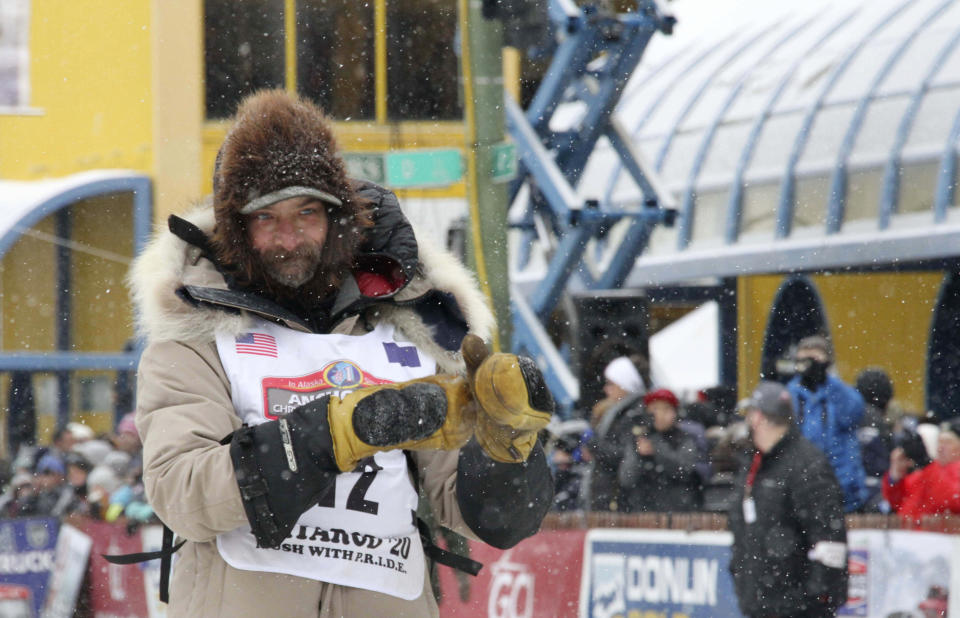 Four-time Iditarod Trail Sled Dog Race champion Lance Mackey is shown before the ceremonial start of the Iditarod Trail Sled Dog Race Saturday, March 7, 2020, in Anchorage, Alaska. The real race starts March 8 about 50 miles north of Anchorage, with the winner expected in the Bering Sea coastal town of Nome about 10 or 11 days later. (AP Photo/Mark Thiessen)