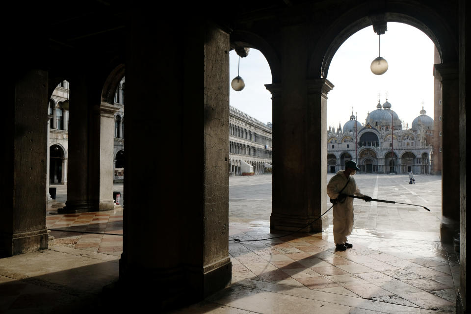 St Mark's Square in Venice is sanitised to prepare for restaurants and cafes reopening after 10 weeks.