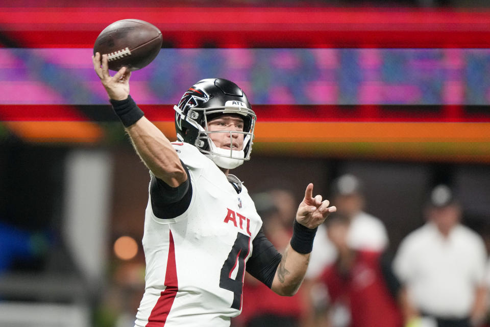 Atlanta Falcons quarterback Taylor Heinicke passes against the Pittsburgh Steelers during the first half of a preseason NFL football game Thursday, Aug. 24, 2023, in Atlanta. (AP Photo/Gerald Herbert)