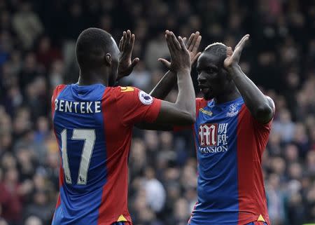 Britain Soccer Football - Crystal Palace v Leicester City - Premier League - Selhurst Park - 15/4/17 Crystal Palace's Christian Benteke celebrates scoring their second goal with Mamadou Sakho Reuters / Hannah McKay Livepic