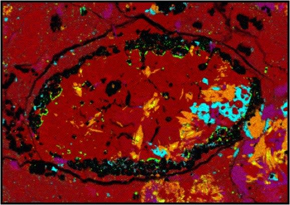 This false-color micrograph of the meteoroid sample shows the unexpected amphibole crystals identified in orange (NASA/USRA/Lunar and Planetary Institute)