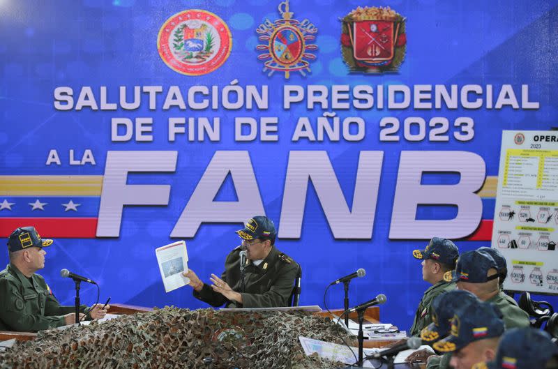 Venezuela's President Nicolas Maduro addresses military staff during a meeting, in Caracas