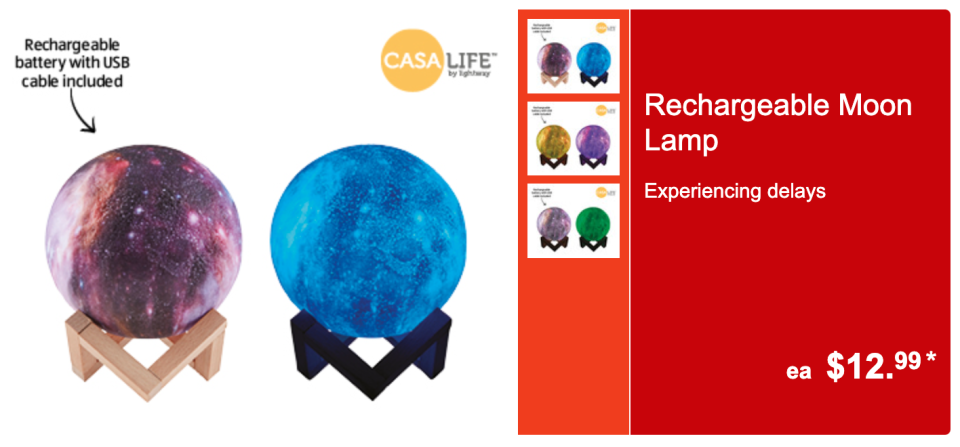 Online ad for The rechargeable moon light from Aldi 