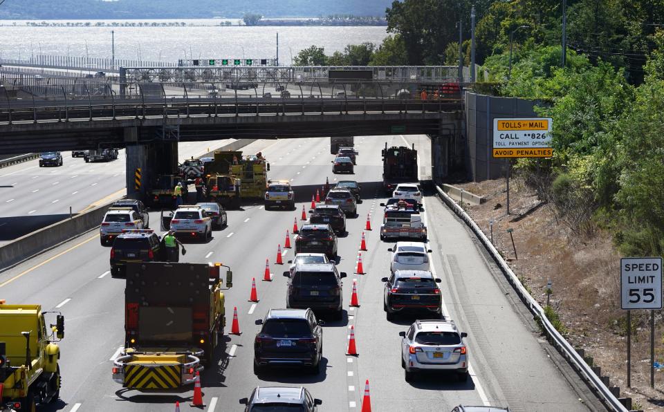 A tractor trailer accident slows traffic on the New York State Thruway in South Nyack on Thursday, August 31, 2023.