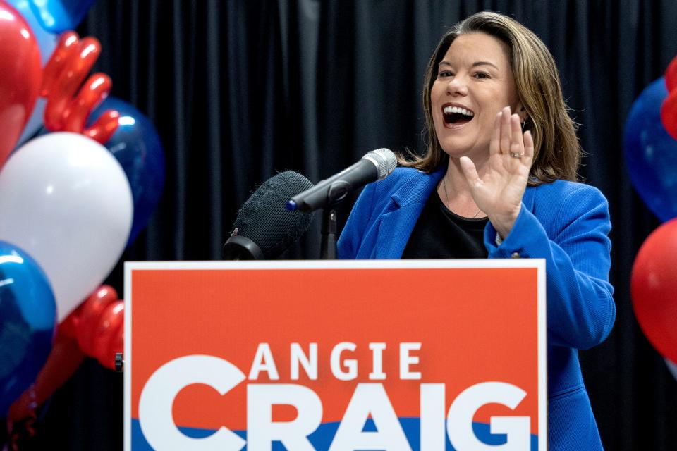 Rep. Angie Craig, D-Minn., greets supporters at an election night party Nov. 8, 2022, at Loon's Landing Brewery in Savage, Minn. Republicans spent more than $12 million to unseat Craig, who won her reelection campaign. (Carlos Gonzalez/Star Tribune via AP, File)